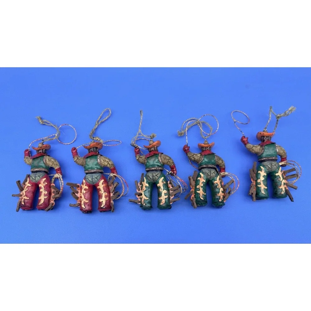 Vintage Cowboy Christmas Ornaments Set 5 Western Rodeo Lasso Suede Chaps